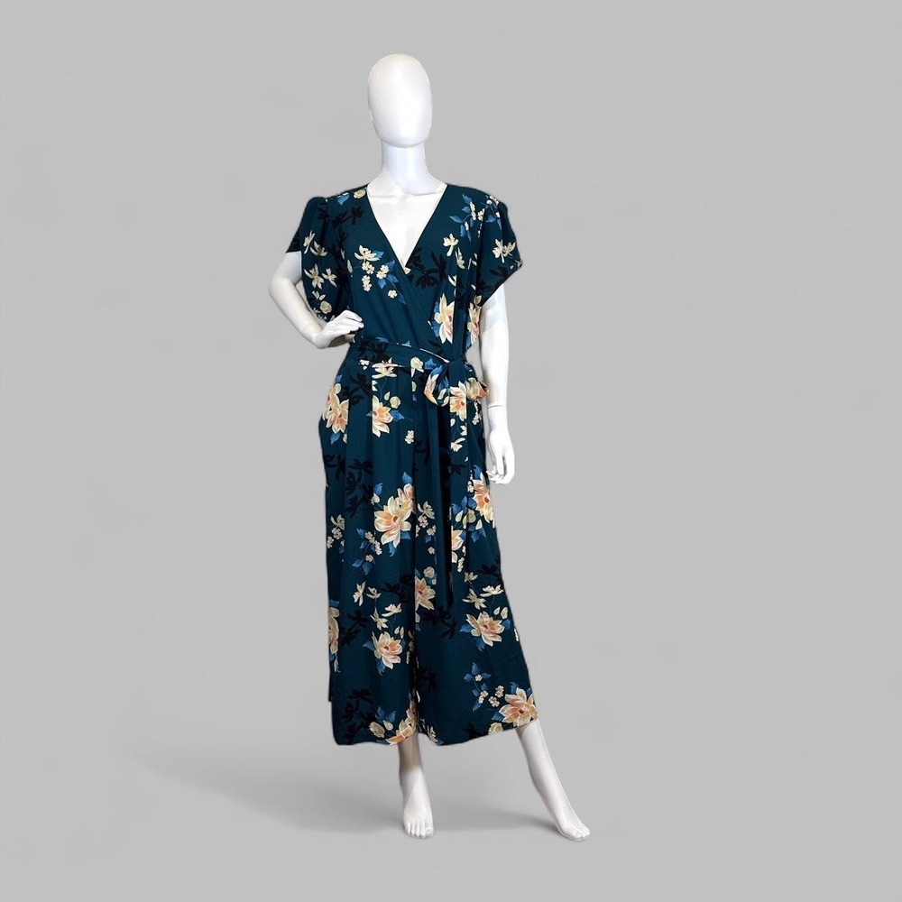 City Chic Floral Wrap Jumpsuit Women's L/20 Teal Wide‎ Leg Belted Plus Size Boho